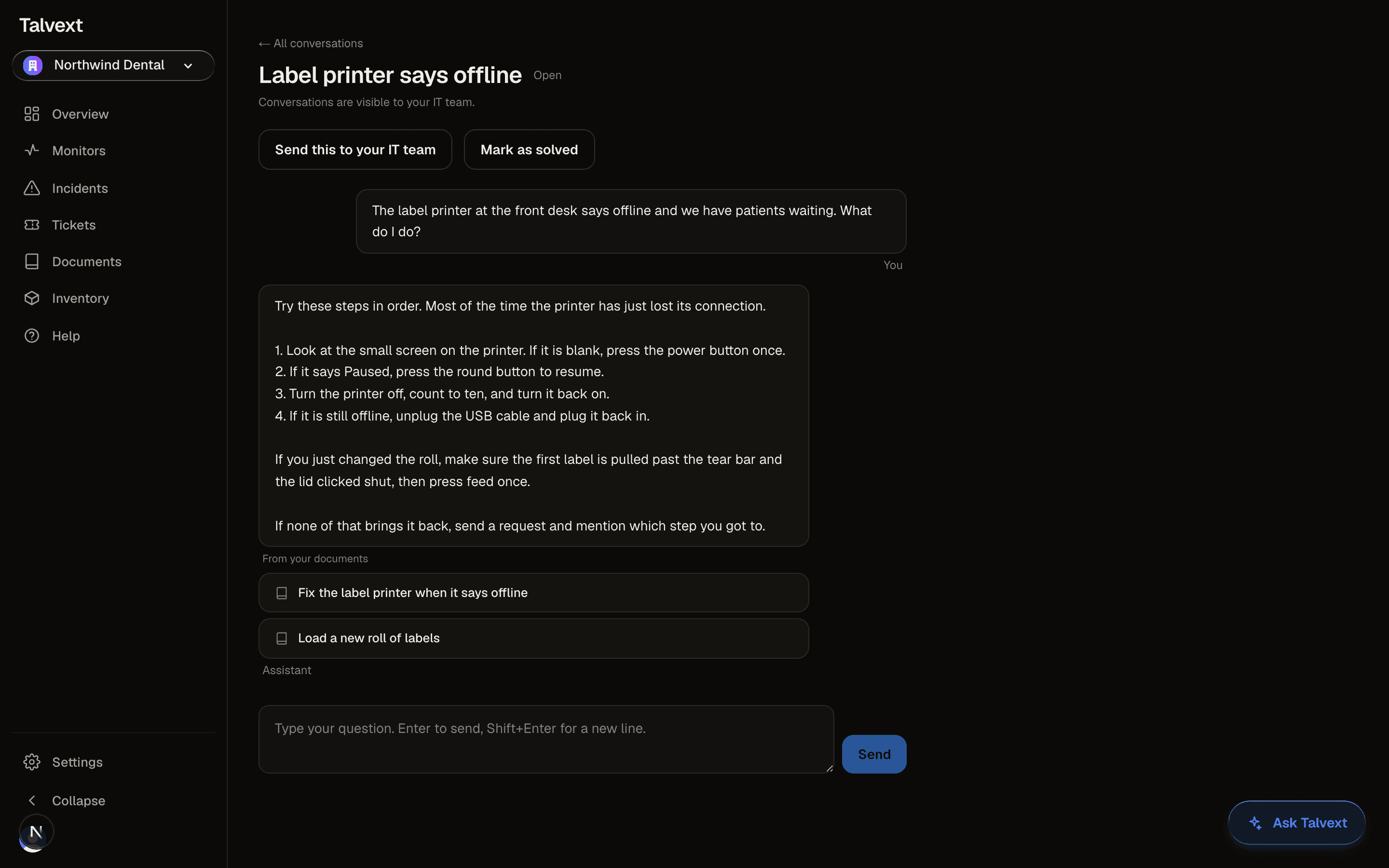 A Talvext chat answering a question about an offline label printer, with a From your documents section citing the two documents the answer came from