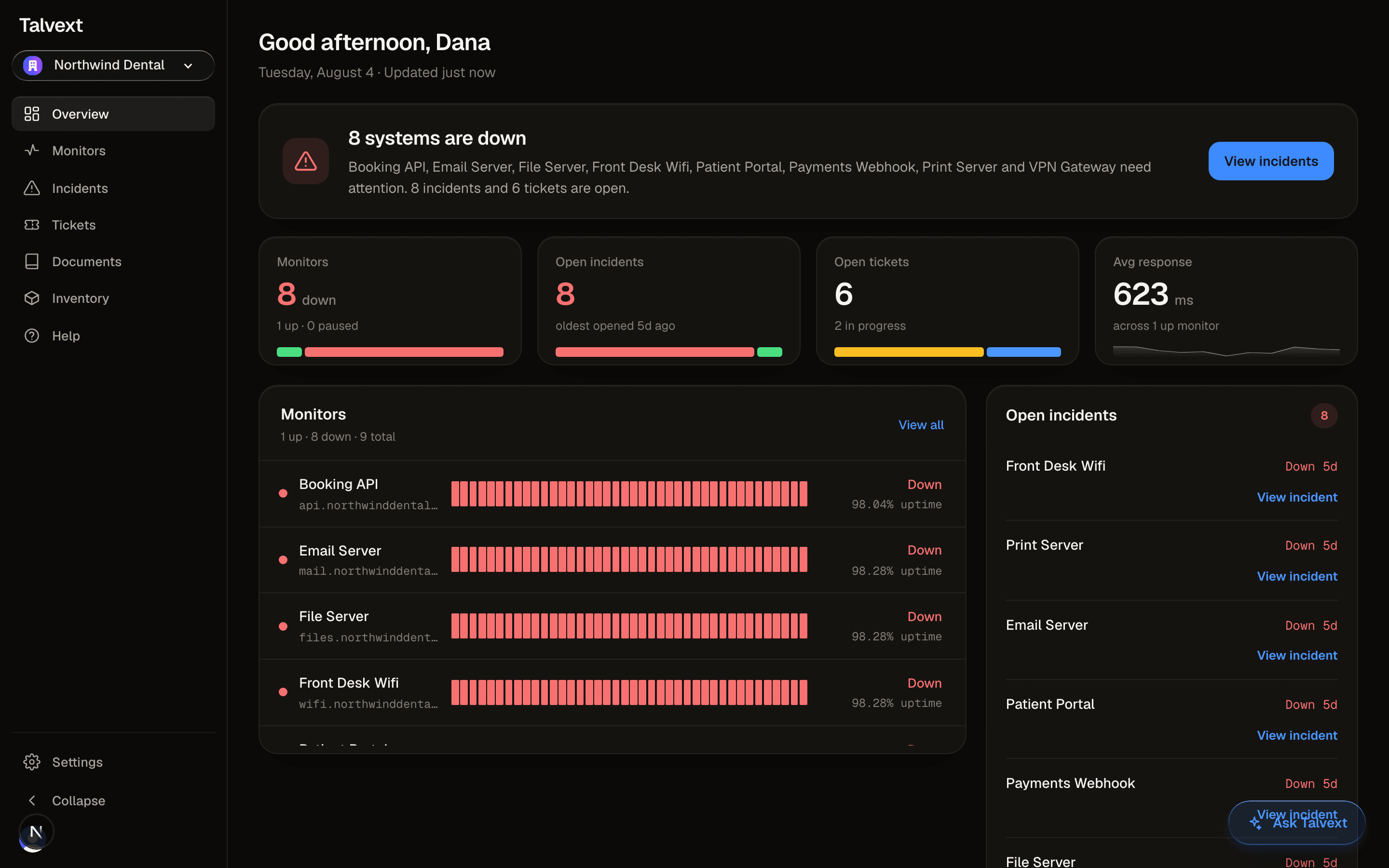 The Talvext overview: monitor status, open incidents and the ticket queue on one screen, with the sidebar listing Monitors, Incidents, Tickets, Documents and Inventory